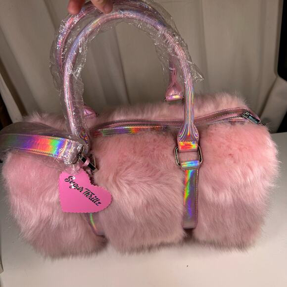 DOLLS KILL SUGAR THRILLZ PINK FAUX FUR SHAGADELIC HOLOGRAPHIC WEEKENDER NWT